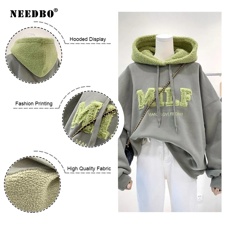 

NEEDBO MILF Hoodies Women's Sweatshirts Letter Print Lamb Wool Pullovers Loose Korean Style Jacket Full Sleeve Casual Tops 2021