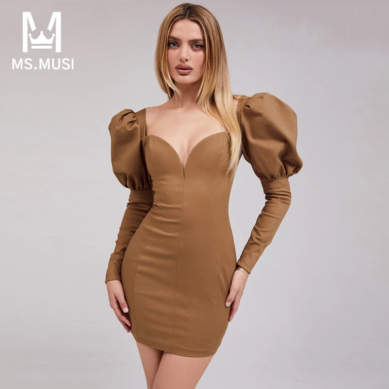 

Новинка, модное женское сексуальное облегающее мини-платье MSMUSI с длинными рукавами-фонариками и открытой спиной, платье для клувечерние, рождественское платье знаменитости