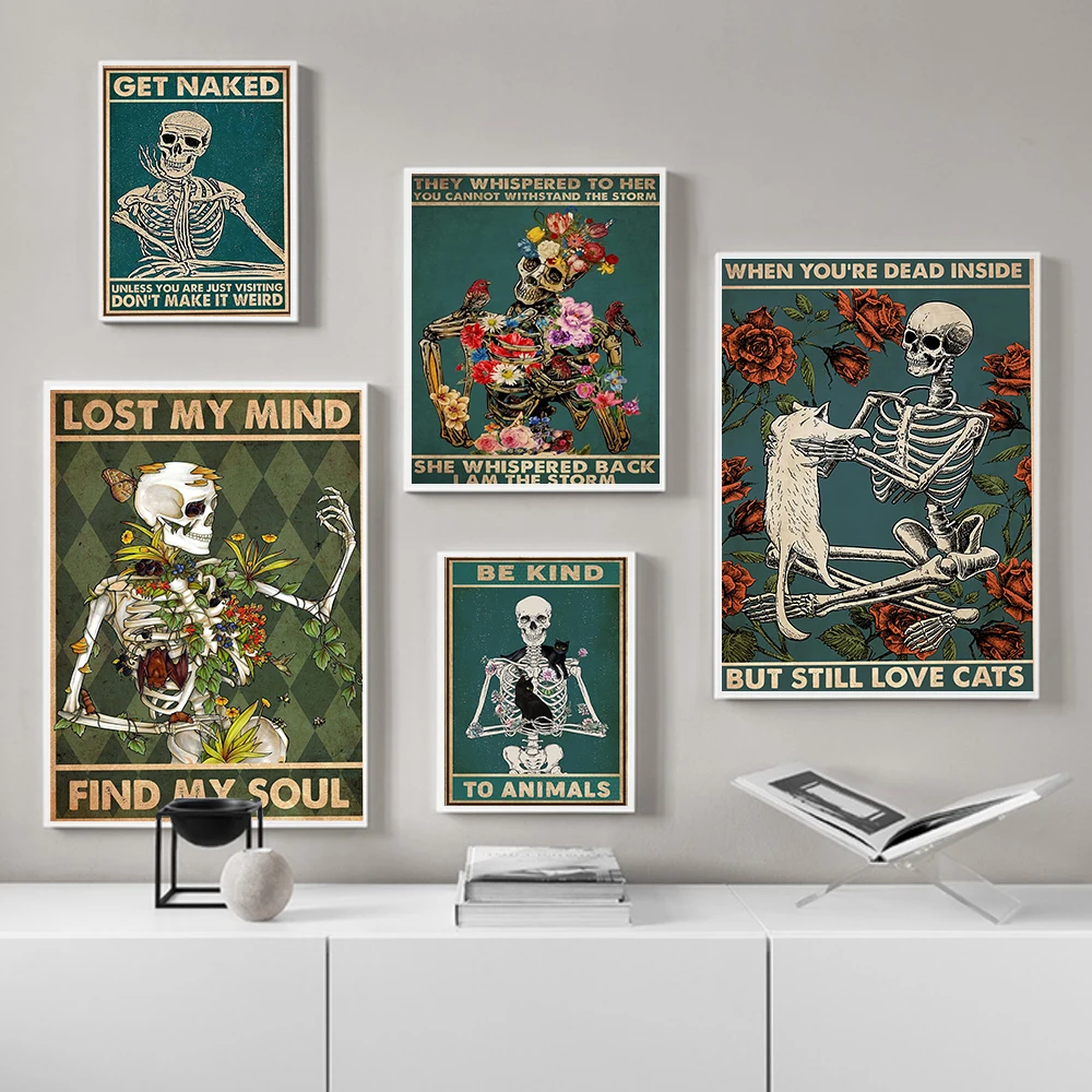 

Skeleton Mental Skull Poster Lose Your Mind Find Your Soul Art Print Vintage Get Naked Funny Bathroom Canvas Painting Home Decor