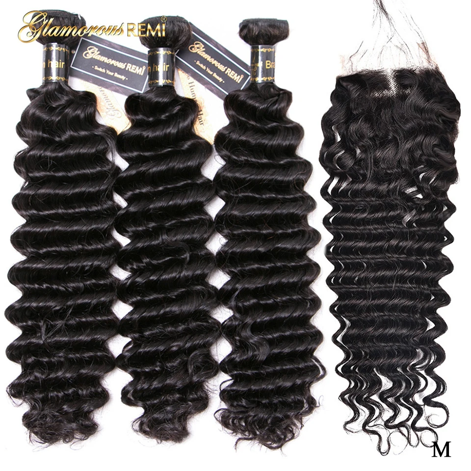 Бразильские глубокая волна пряди с закрытием Remy человеческие волосы 3 4x4 кружева