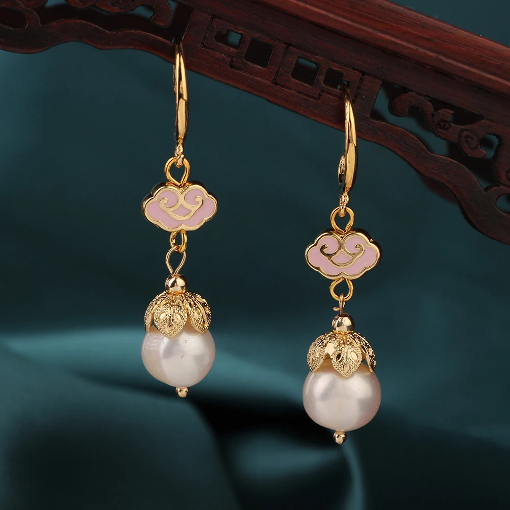 

Summer Ethnic Freshwater Pearl Drop Earrings Vintage Flower Pink Cloisonne Earrings Chinese Style Jewelry for Women MYWINY