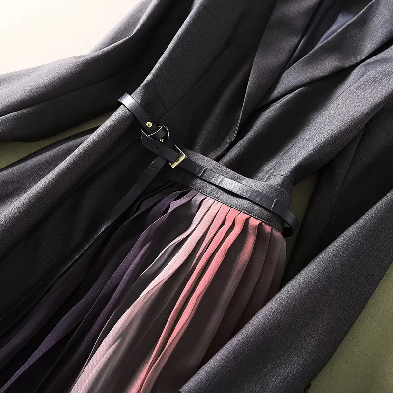 

Designer Spring Autumn New Women'S Lapel Suit Pleated Belt Stitching Vintage Elegant Gentlewoman Workplace Fashion Casual Dress