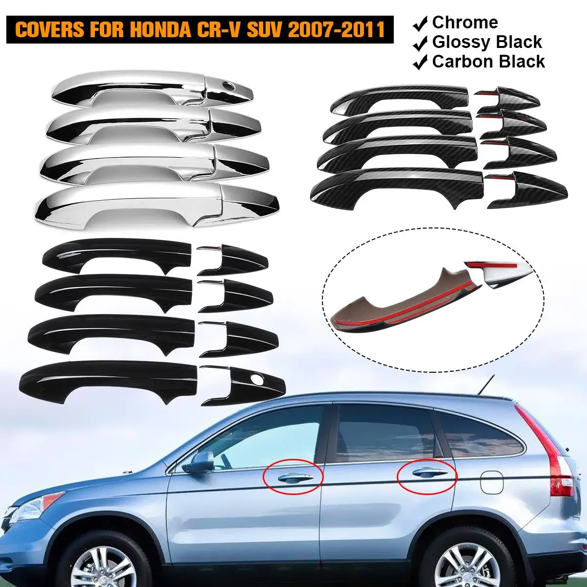 8PCS SET Car Door Handle Frame Sticker For Honda for CR-V CRV SUV 2007 2008 2009-2011 Car Styling Chrome Carbon Cover Catch Cap