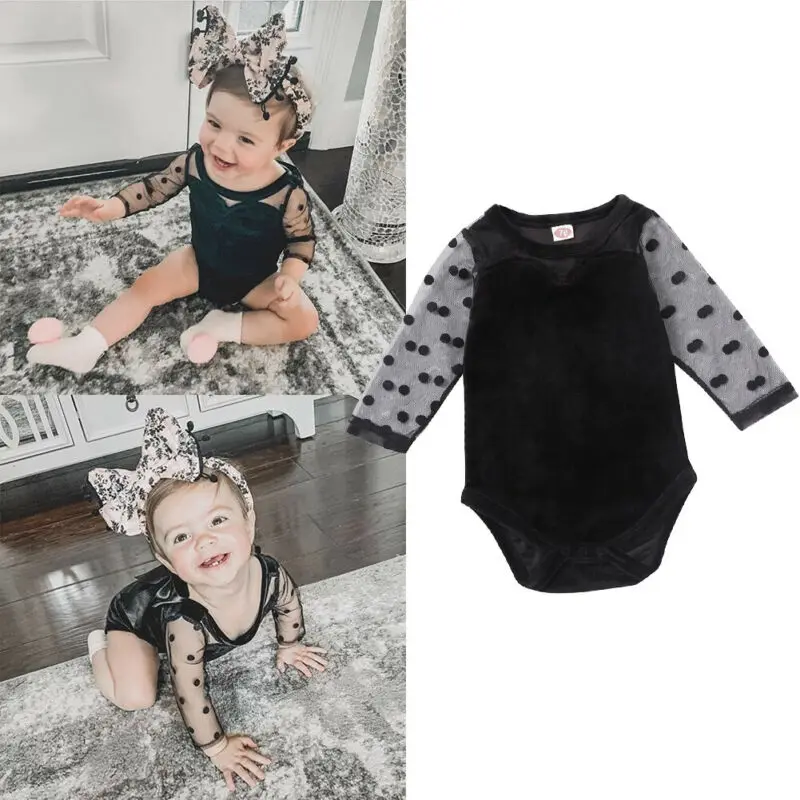 

2020 Baby Spring Fall Clothing Newborn Baby Girl Polka Dots Sleeve See Through Romper Long Sleeve Jumpsuit Outfit Casual Clothes