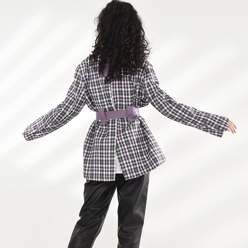 

[EAM] Women Pu Leather Purple Plaid Big Size Blazer New Lapel Long Sleeve Loose Fit Jacket Fashion Spring Autumn 2021 1Z13114