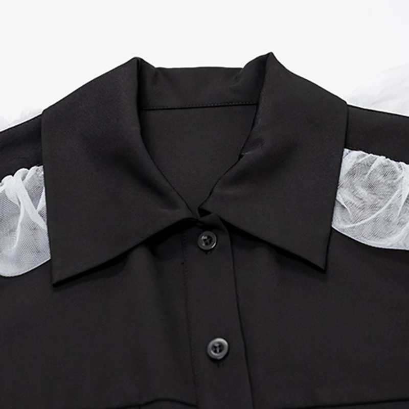 

CHICEVER White Casual Shirts For Women Lapel Puff Long Sleeve Spliced Mesh Blouses Female 2021 Spring Clothing Fashion Style New