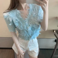 flower shirt women 2021 summer new slim lace stitching single breasted v neck short sleeved cropped knitted tops