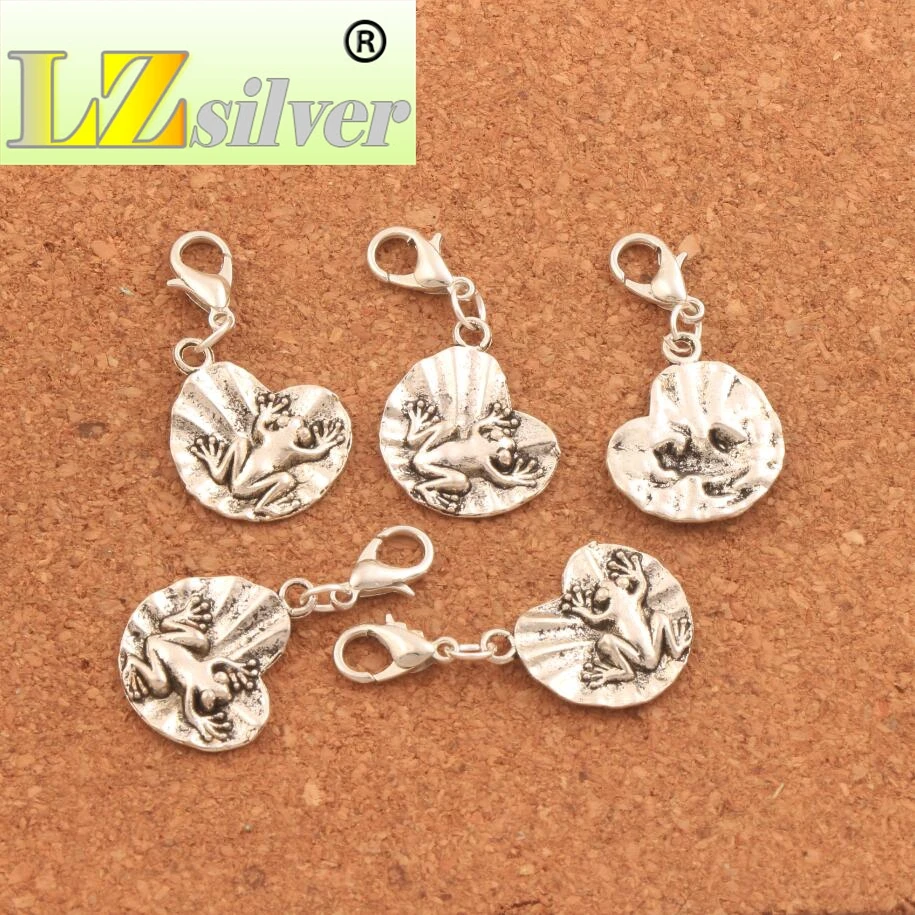Frog Animal On Lotus Leaf Lobster Claw Clasp Charm Beads 35.1x17.8mm 100PCS Zinc Alloy Jewelry DIY C041