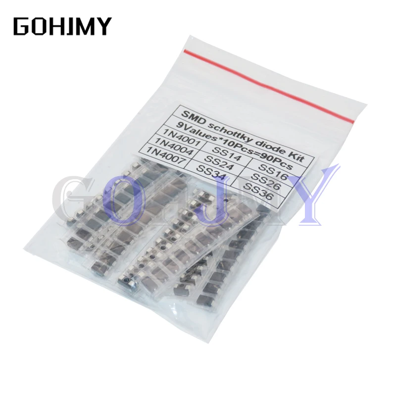 90 шт. 9 значений x 10 шт. 1N4001 1N4004 1N4007 SS14 SS24 SS34 SS16 SS26 SS36 SMD набор диодов Шоттки