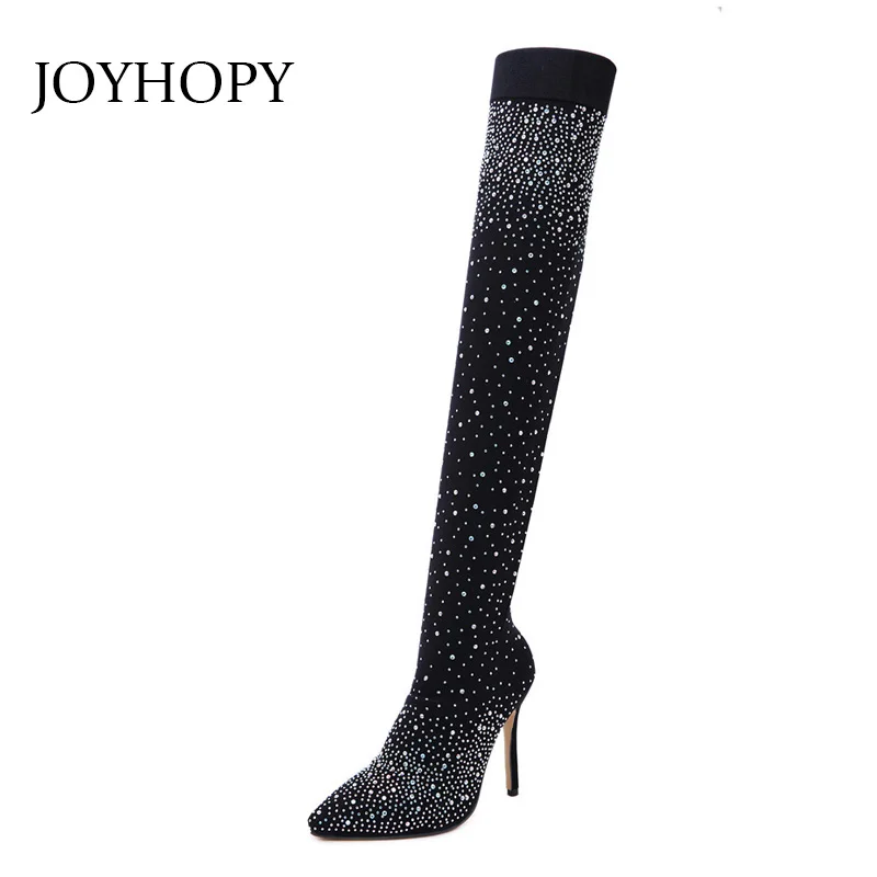 Новинка осени 2019 г. стразы высокие сапоги выше колена на высоком каблуке женские