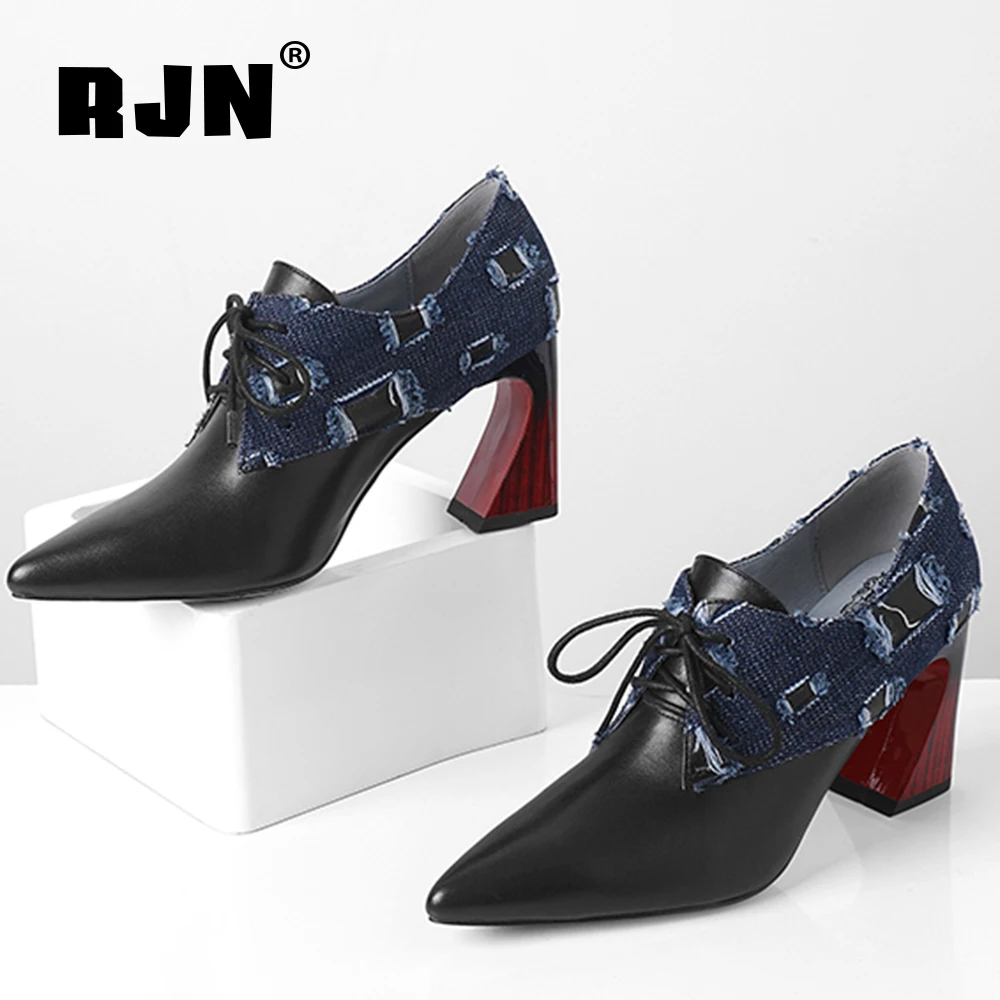 

RJN Spring Autumn Winter Deep Mouth Pumps Woman Mature Genuine Leather Denim Patchwork Lace Up High Hoof Heel Dress Shoes RO456