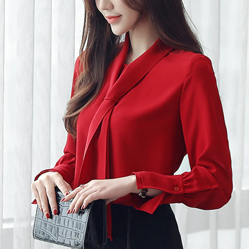 Женская блузка, офисный Топ с длинным рукавом, шифоновая блузка, blusas femininas elegante, с бантом, однотонная, с v-образным вырезом, красная одежда, женские топы 0412
