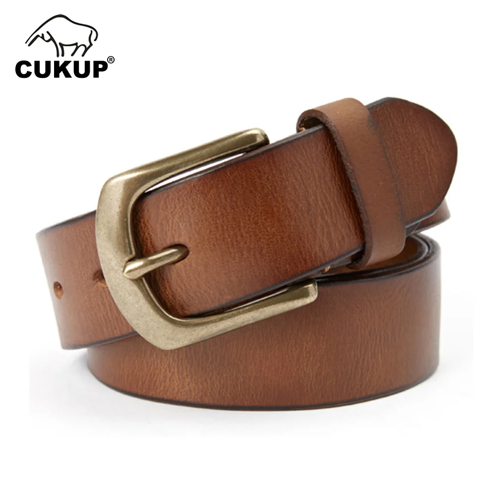 CUKUP Men's Brass Pin Buckle Top Quality Solid Cowhide Belts Leather Belt for Men Retro Style Jeans Accessories 3.8cm NCK1109