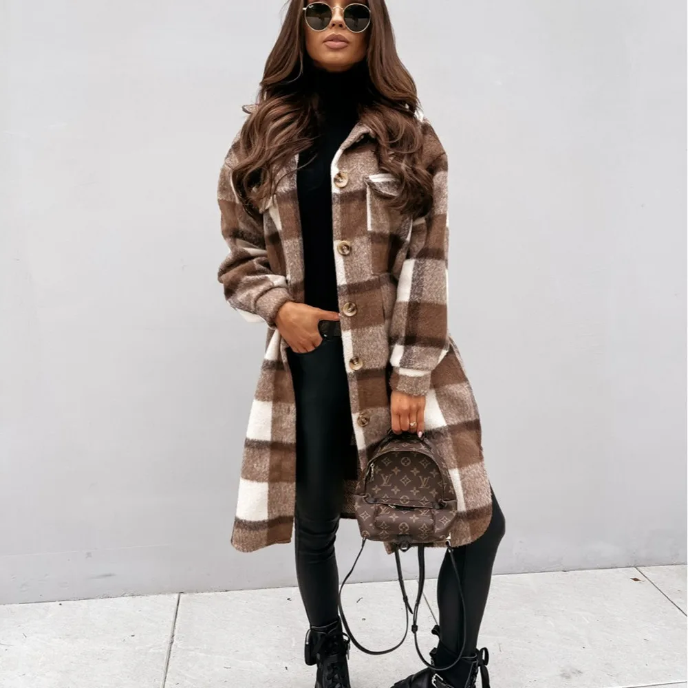 

Autumn Winter Women Long-Sleeved Plaid Printed Shirt Jacket Fashion Loose Turn Down Collar Single-Breasted Long Shirt Coat Femme