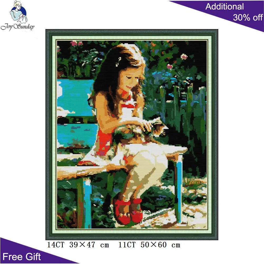 

Joy Sunday Girl And Cat RA336 14CT 11CT Counted and Stamped Kitty Girl Home Decor Needlework Embroidery DIY Cross Stitch kits