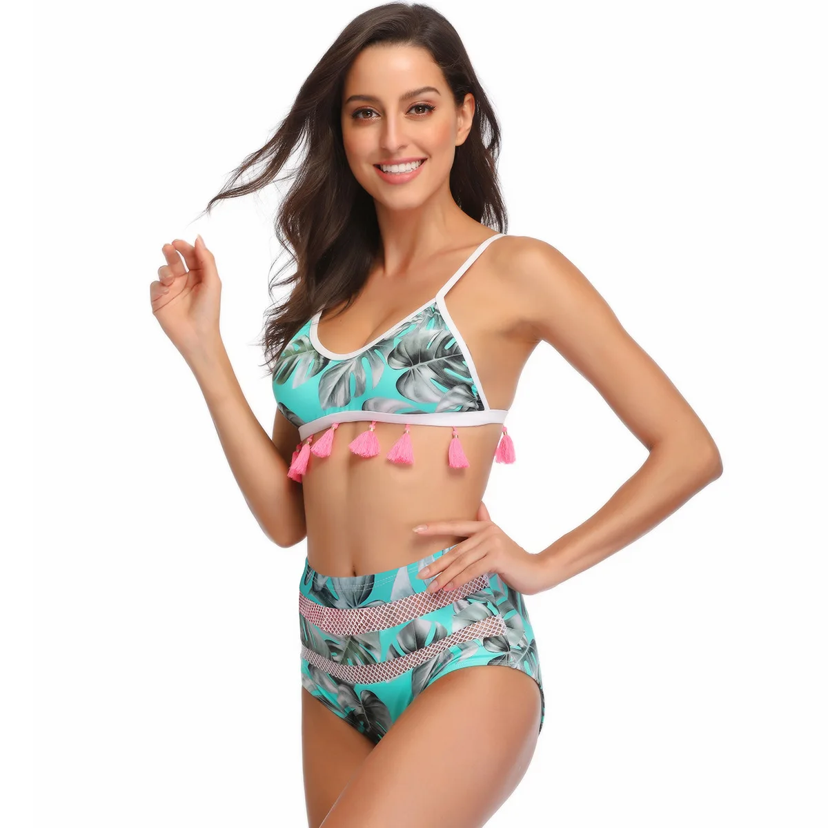 

2020 купальники нового стиля многоцветные однотонные купальники с высокой талией и принтом из двух частей бикини европейские и американские ...