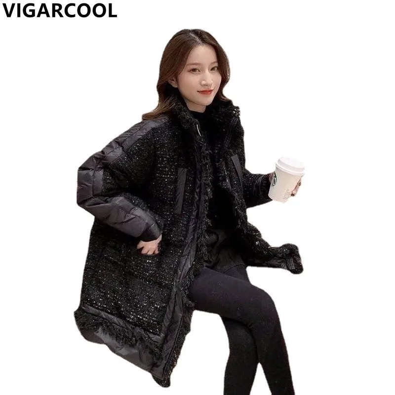 

Tweed stitching mid-length padded Jacket Women fashion padded Jacket tassel padded Jacket Women high quality padded Coat Female