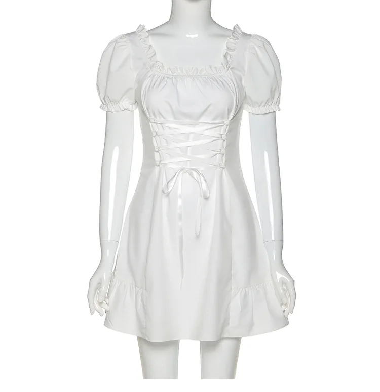 

Vintage Elegant White Summer Dresses Light Mini Sexy Dress Women Casual Puff Sleeve Square Collar Bow Bodycon Bandage Party Robe
