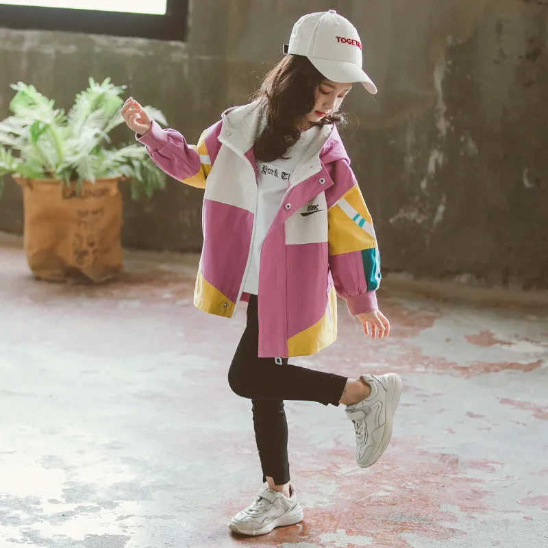 Куртки для девочек комбинированные пальто модная детская ветровка с капюшоном