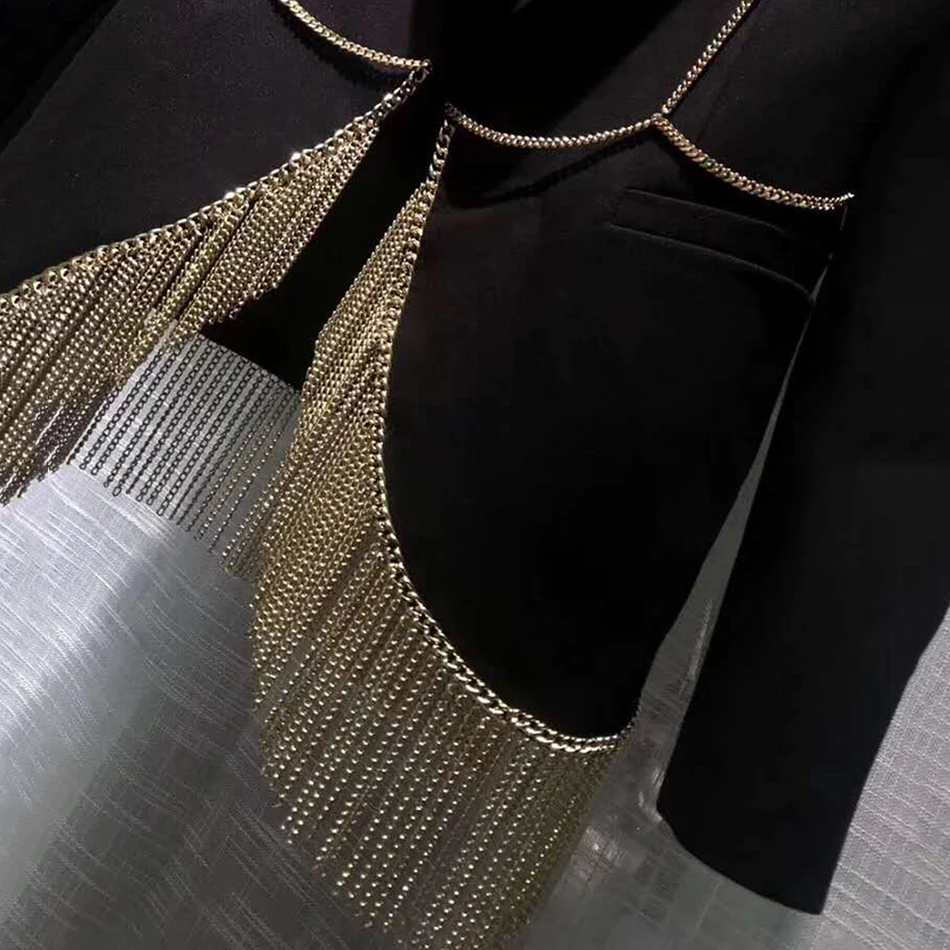 

High Quality Spring 2021 New Elegant Ol Women Fashion Blazer Sexy Lapel Long Sleeve Metal Chain Tassel Slim Casual Blazer