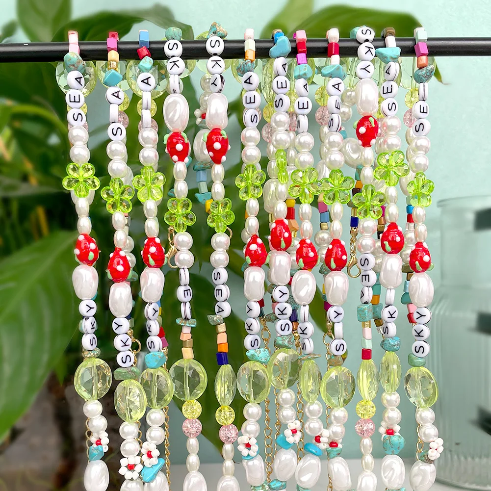 

Boho Letter Strawberry Pearl Beaded Necklaces For Women Girl Colorful Acrylic Flower Star Beads Choker Necklace Handmade Jewelry