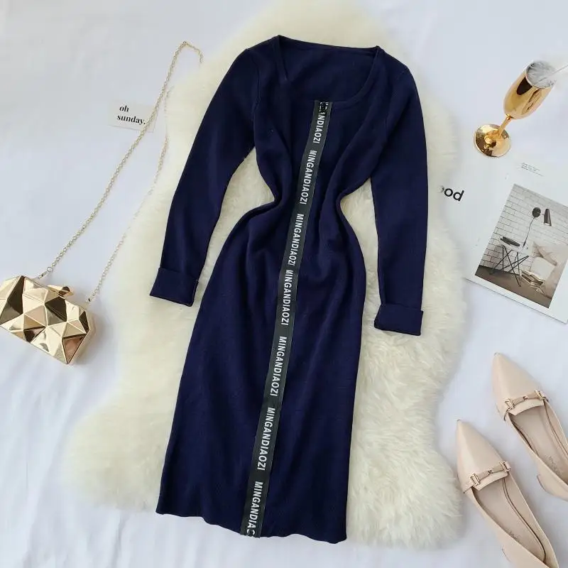 YornMona Women Designer Casual Dress Letter Zipper O-neck Knitted Bodycon Dress Winter Elegant Ladies Office Dress Vestidos