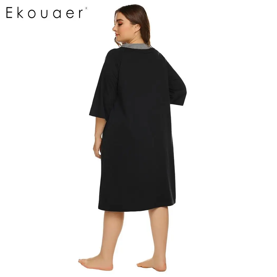 Ekouaer женская ночная рубашка размера плюс Халат на молнии с коротким рукавом и - Фото №1