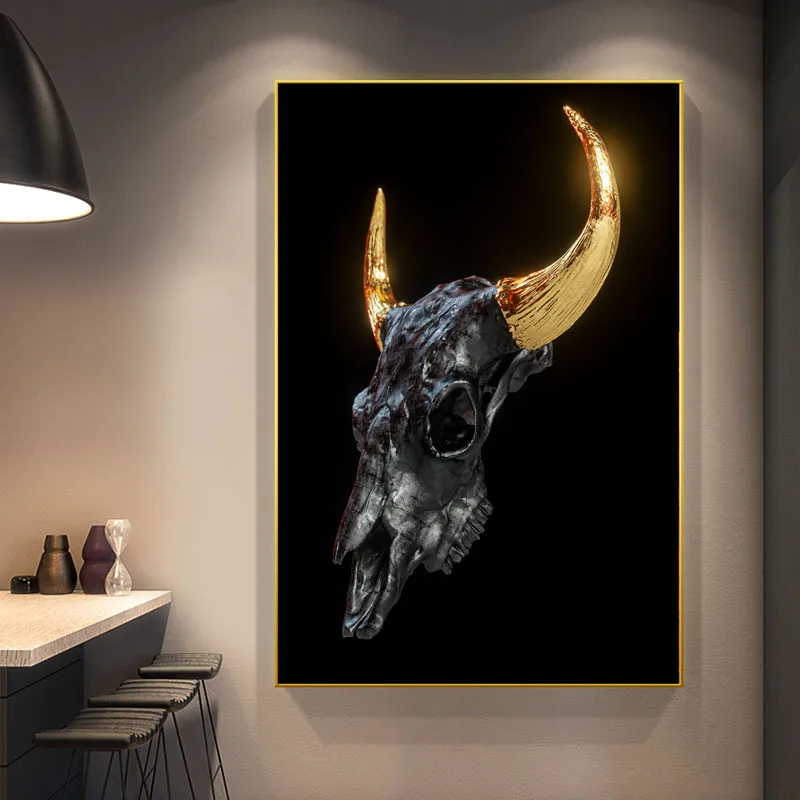 

Golden Metal Horns Bull Skull Statue Art Canvas Painting Wall Art for Living Room Home Decor Posters and Prints Wall Decoration