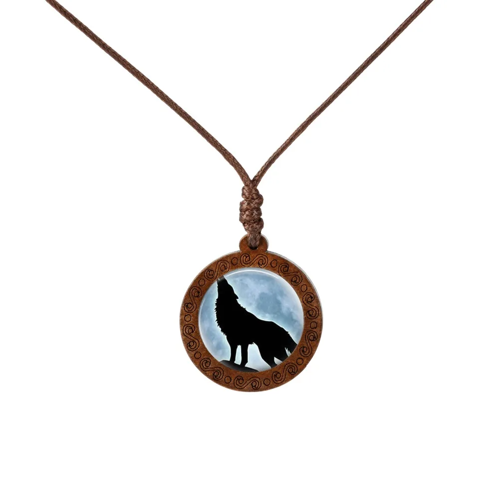 Новинка 2019 Трендовое деревянное стекло кабошон ожерелье с волком и луной модные