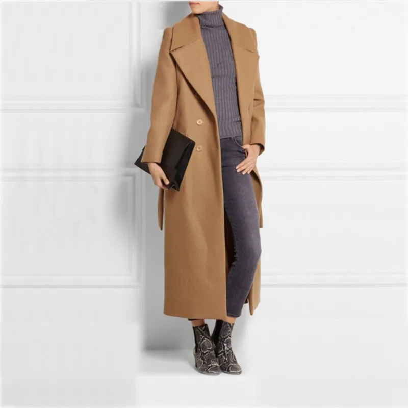 

Camel Winter Wool Outerwear Slim Long Trench Coats For Women Lapel Double Breasted Belted Duster Jacket Overcoat Manteau Femme