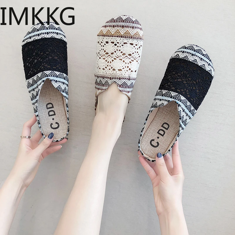 Новинка Женские парусиновые летние туфли на плоской подошве с вырезами лоферы