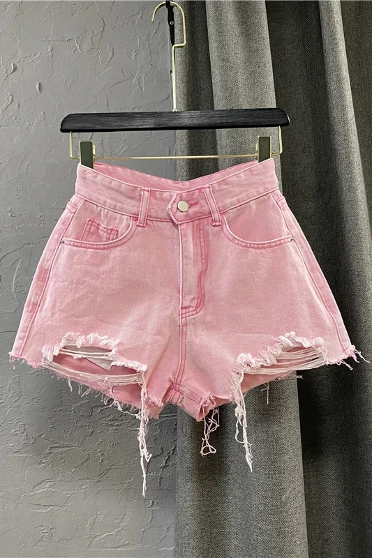 

Korean Style High Waisted Fitness Shorts Pants for Women Large Ripped Tassel Raw Denim Shorts 2021 Female A Line Pink Hot Pants