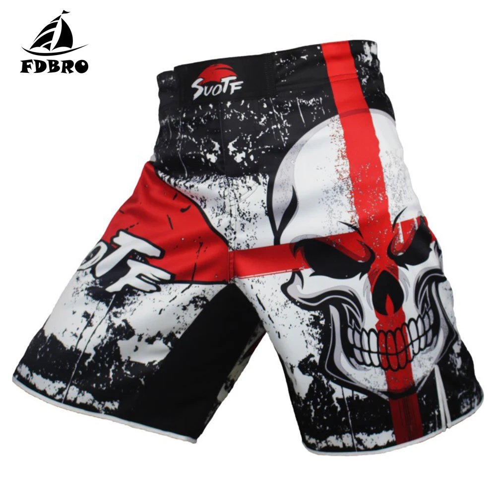 Шорты для тренировок FDBRO Black Boxing Skull Motion Picture из хлопка свободного размера для кикбоксинга, муай тай и ММА.