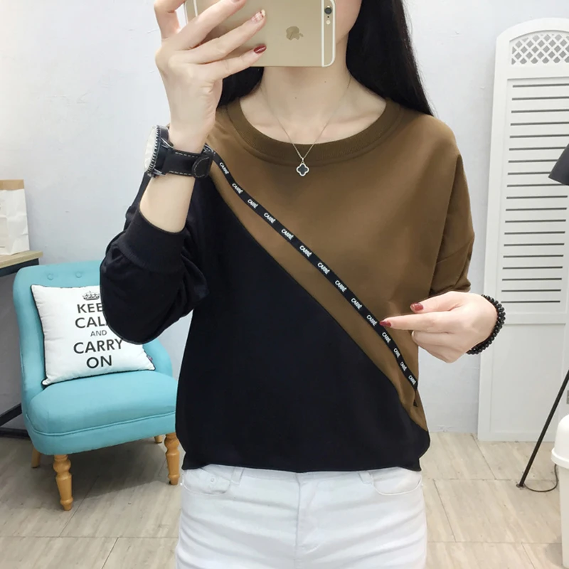 

Korean Fashion Patchwork T-Shirt Women Long Sleeve Tops 2022 Spring Autumn Casual Loose Tshirts Female Plus Size Womens Clothing