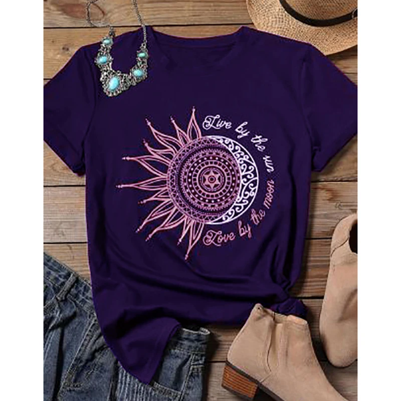 

2021 women casual fashion t-shirt letter sun moon print loose o-neck short sleeve elastic stretched tshirt summer tops new