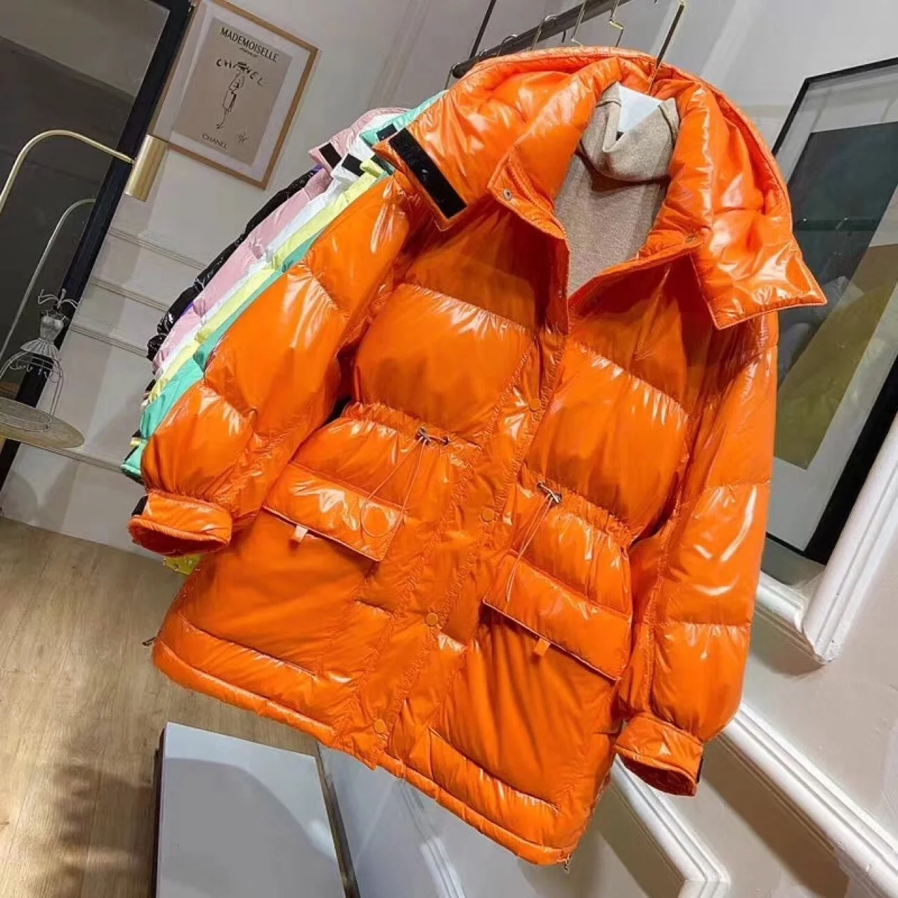 

wash 2020 season down jacket women's bright face candy color medium long Korean fashion waist closing white duck down