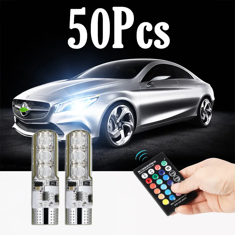 

50pcs T10 W5W 194 Car RGB Interior Reading Light Auto LED Wedge Side Parking Clearance Lamp Dome Bulb+Remote Controller Flashing
