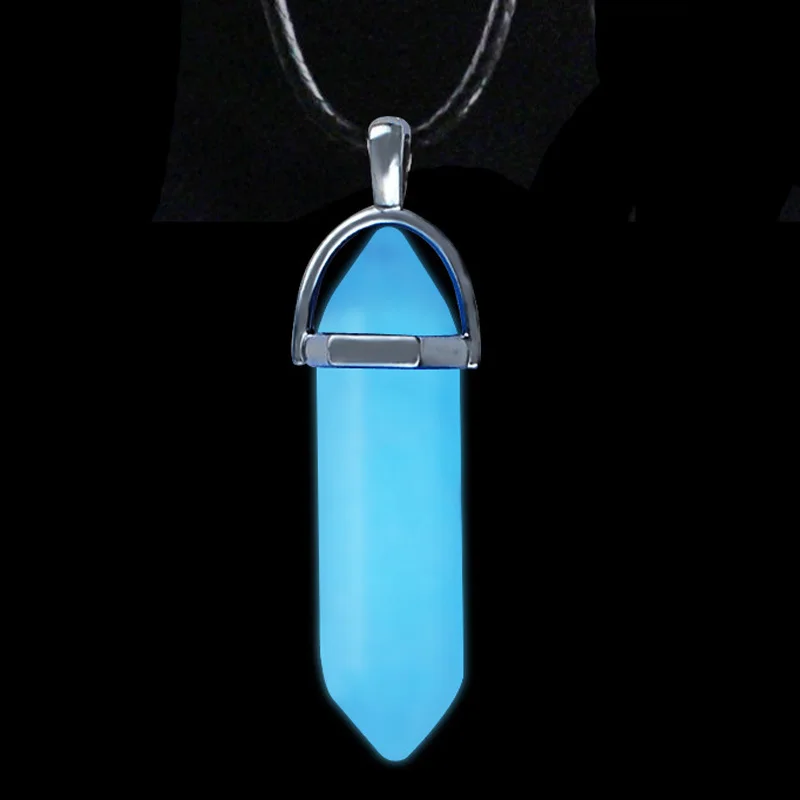 Luminous Fluorescent Natural Gem Stone Quartz Bullet Hexagonal Pendulum Pendant Necklace men's women's Glow in the dark Charm |