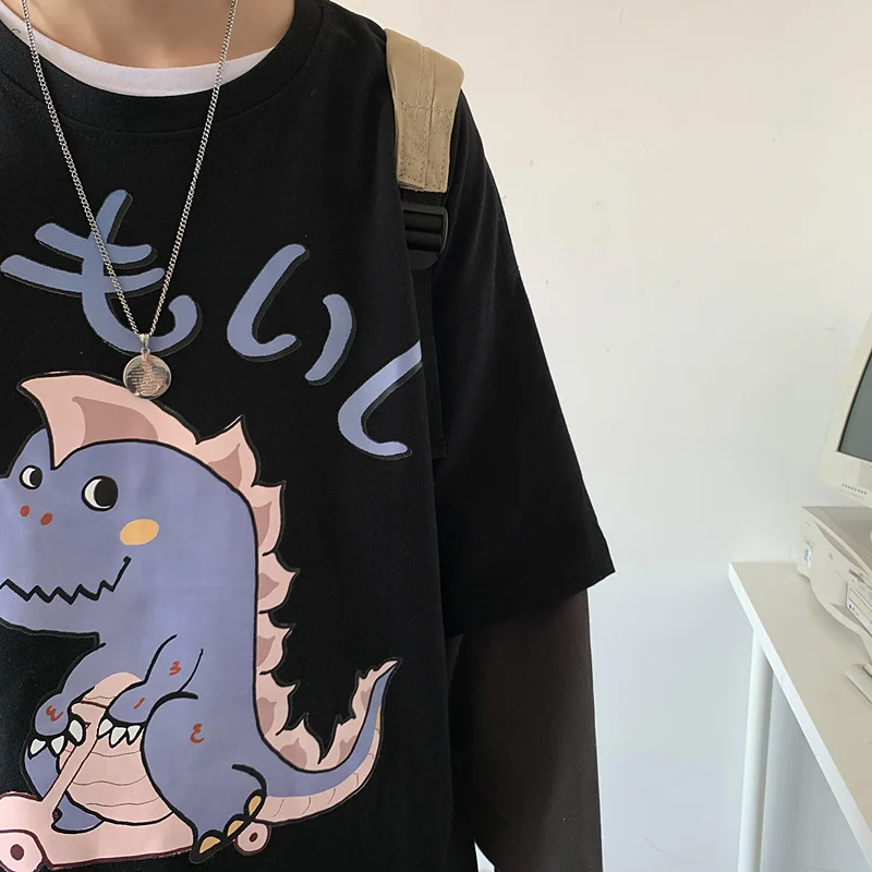 

Men Long Sleeve T-shirts Print Cartoon Patchwork Panelled Tops Male Loose Ins Chic Casual All-match Korean Style Cozy Streetwear