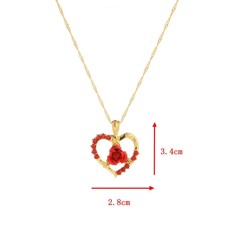 

New Love Heart Red Rose Pendant Necklace Women Girl Lady Gold Color Necklace Choker Fashion Jewelry For Valentine's Day Gift