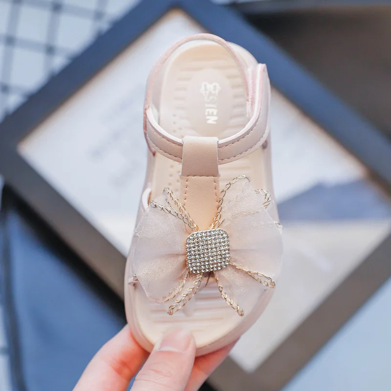 

2021 Summer Kids Girl Shoes Sandals Hook&Loop Solid Butterfly-knot Fashion Sweet Flat Heels Beach Sandals Pink Sandals