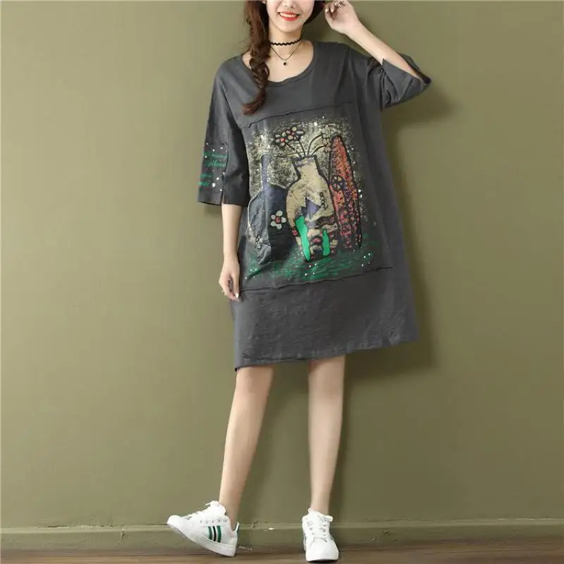 2021 летние свободные женское платье живопись письмо наклейка с принтом короткими