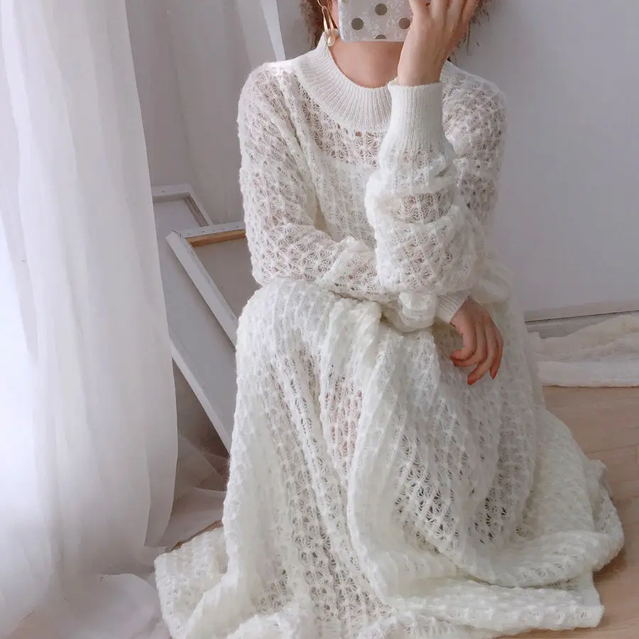 Новый свитер костюм с юбкой белого Kawaii свободный ажурный вязаный комплект из