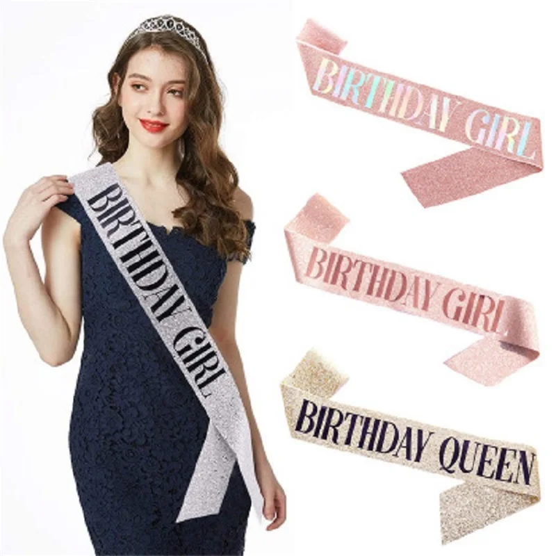 

1Set Glitter Rhinestone Crystal Crown With Satin Sash Set Happy Birthday Party Decoration For Girl Queens Anniversary Decor 2022