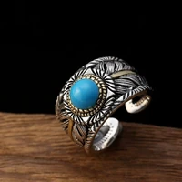925 sterling silver inlaid turquoise feather opening ring jewelry