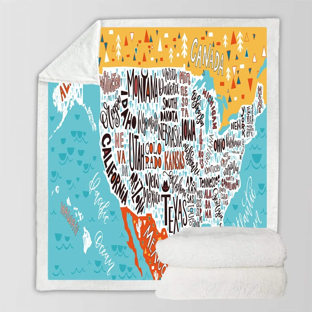 Креативное покрывало с рисунком Северная Америка нарисованная карта синий