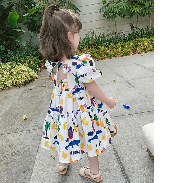 

Girls Short Sleeve Cotton Fruit Animal Dress Princess 2020 Summer Children New Style Puff Sleeve Square Collar Back Tie Dresses