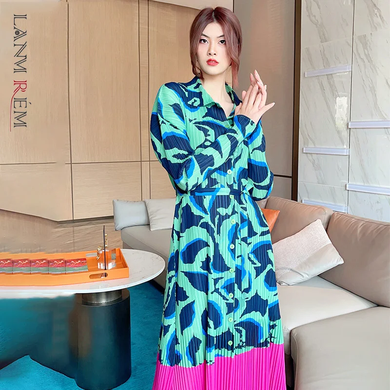 Женское плиссированное платье LANMREM Повседневное с отложным воротником и длинным