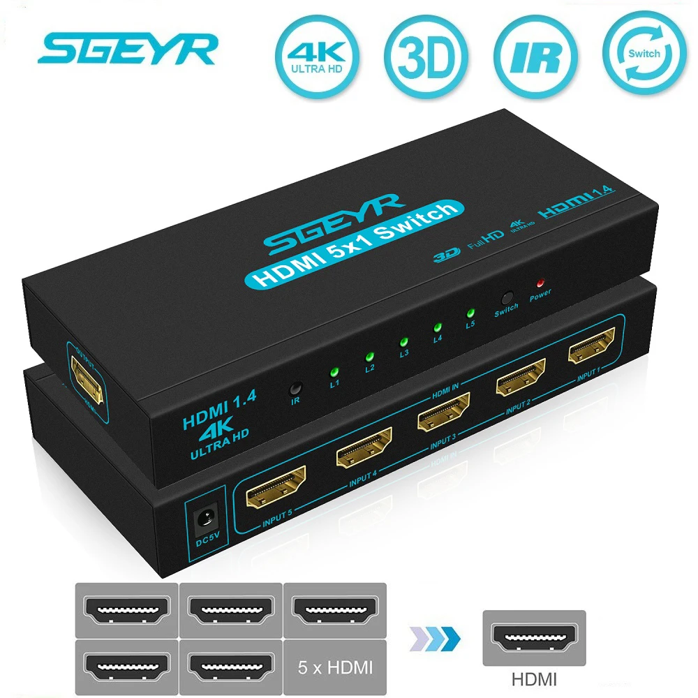 4K 5 портов HDMI переключатель 5 в 1 выход адаптер HDCP HDMI коммутатор разветвитель 1080P подключение 5 HD устройств к 1 HDTV PS3 DVD с ИК-пультом дистанционного управления