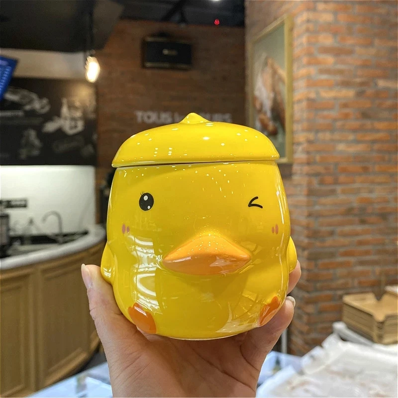 

Little Yellow Duck Water Cup Ceramic Ins Cute Girl Milk Juice Breakfast Cups Female Couple Home Mug With Lid Water Bottles
